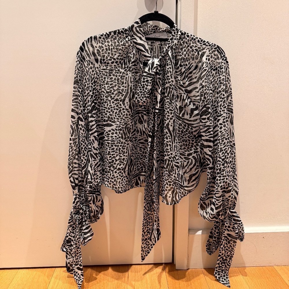 Animal Print Silk Tie Blouse with Tie Sleeves - XS
